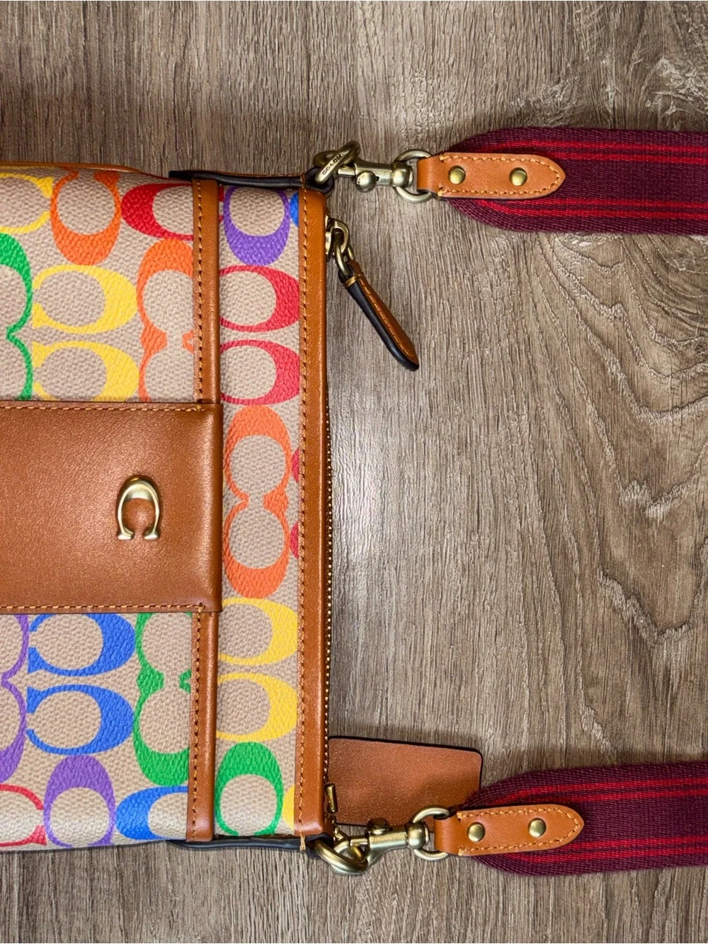 Coach Rainbow Signature Crossbody with Maroon Adjustable Strap